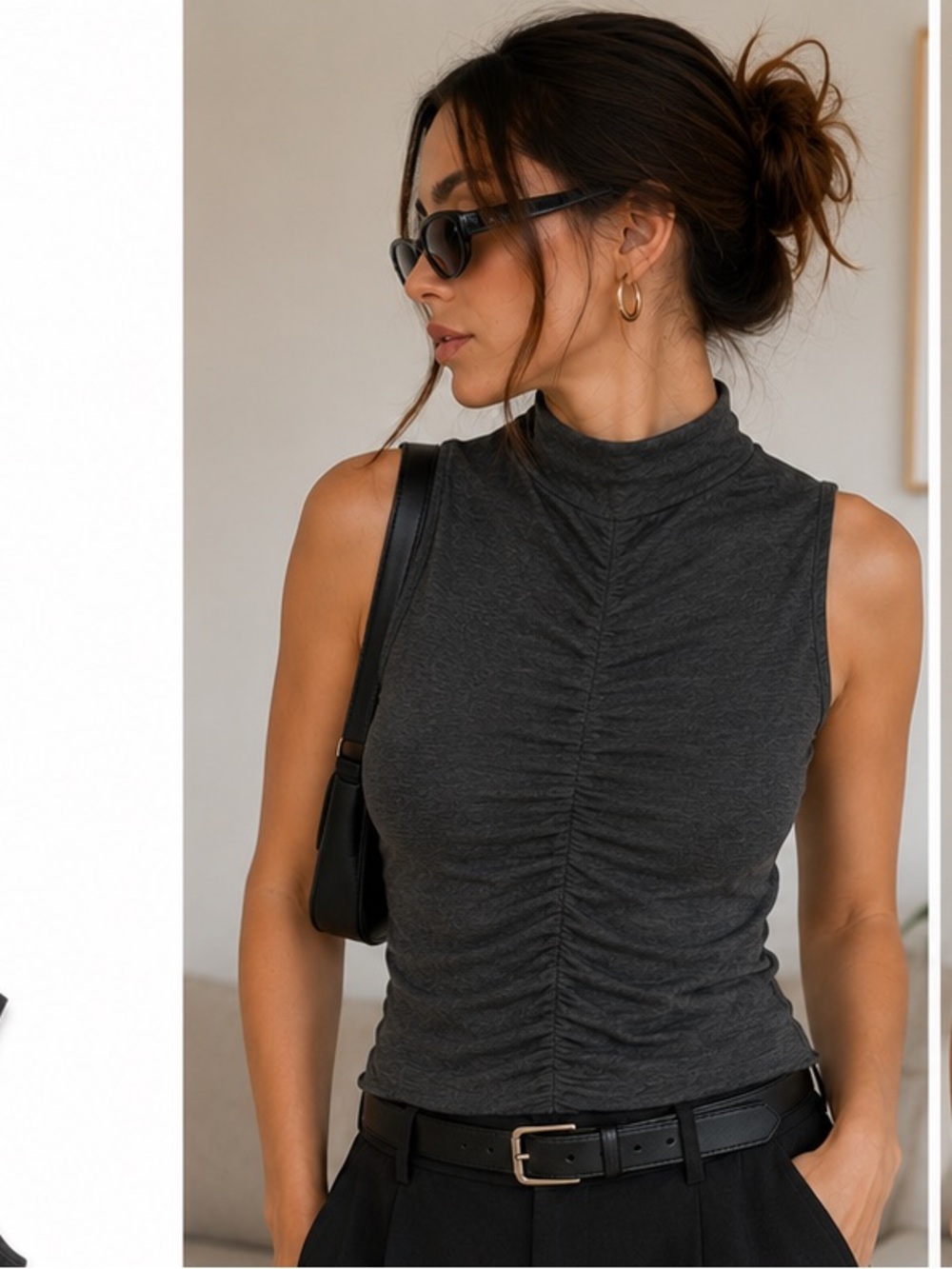RW&CO Charcoal Ruched Mock Neck Sleeveless Top | Medium